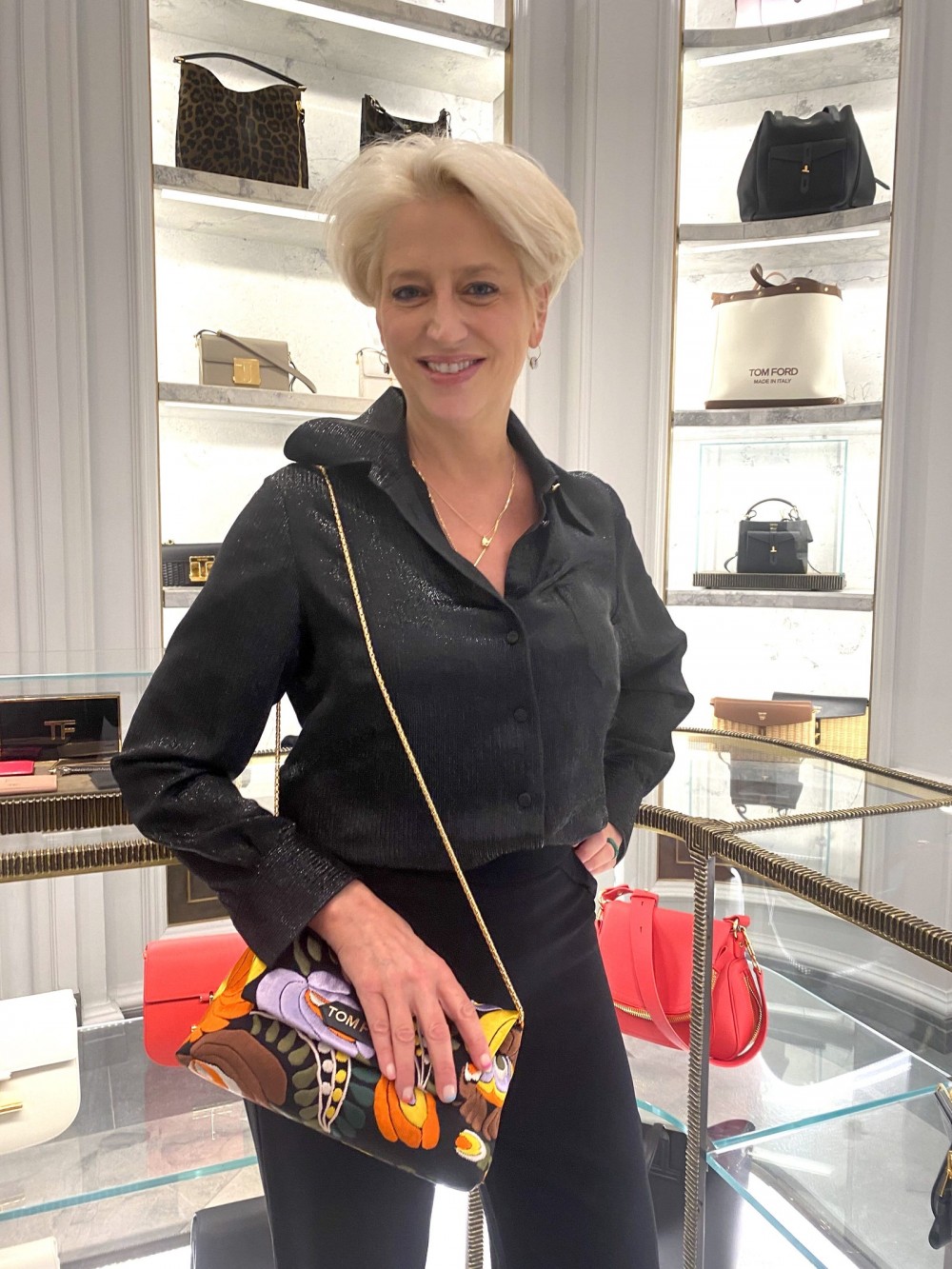 Dorinda holds a prized Tom Ford bagit reminds her of the Berkshires.nbsp